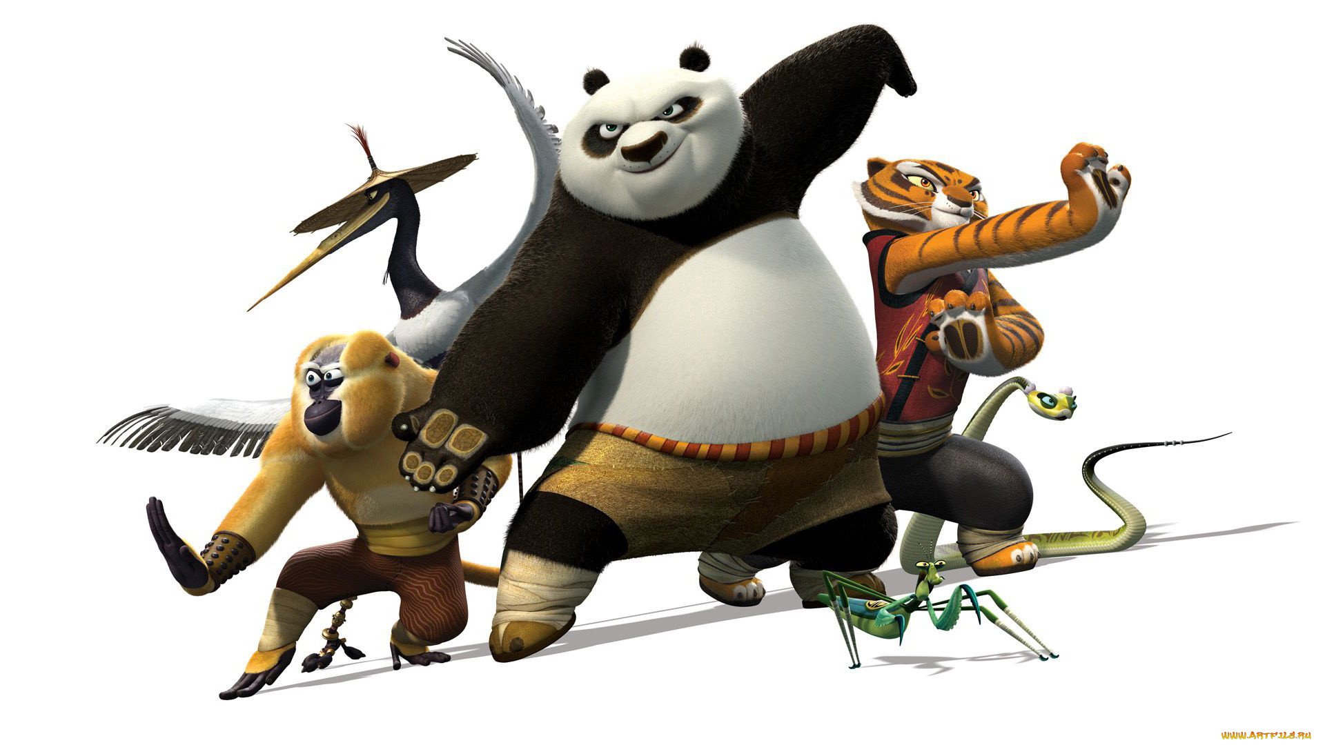 Обои Кунг-фу панда 2 Мультфильмы Kung Fu Panda 2, обои для рабочего стола,  фотографии кунг, фу, панда, мультфильмы, kung, fu, panda, обезьяна, змея,  богомол, тигр, журавль Обои для рабочего стола, скачать обои